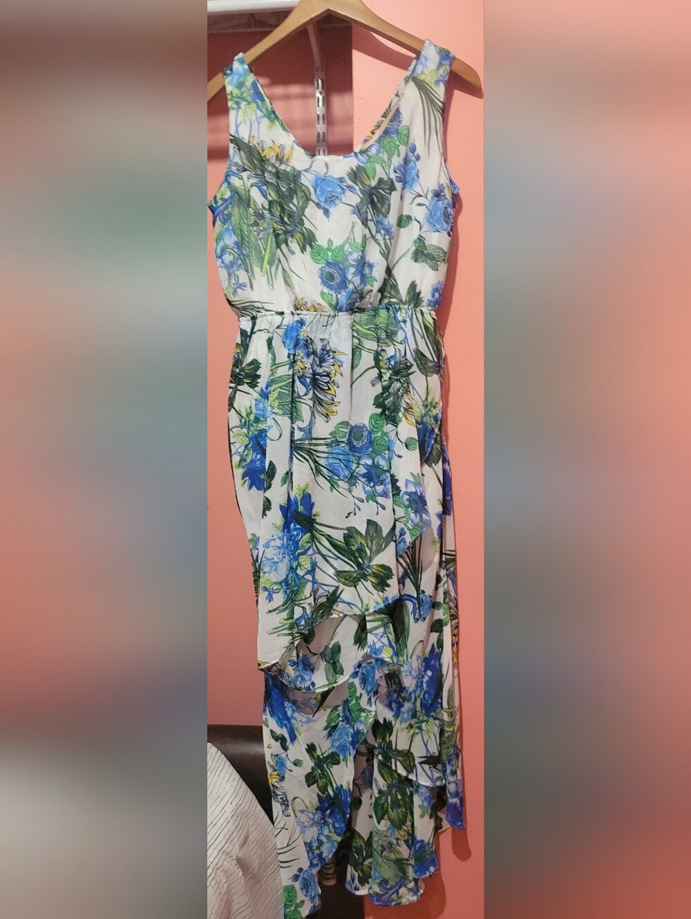 White Floral High-Low Dress with Blue & Green Print